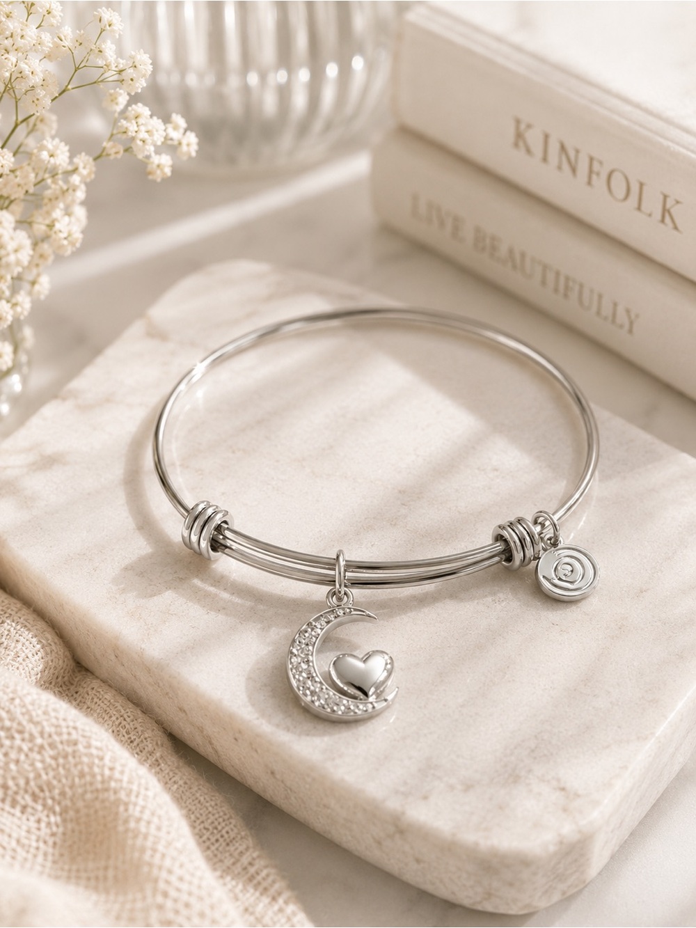 Love This Life Silver Moon & Heart Charm Expandable Bangle Bracelet Gift